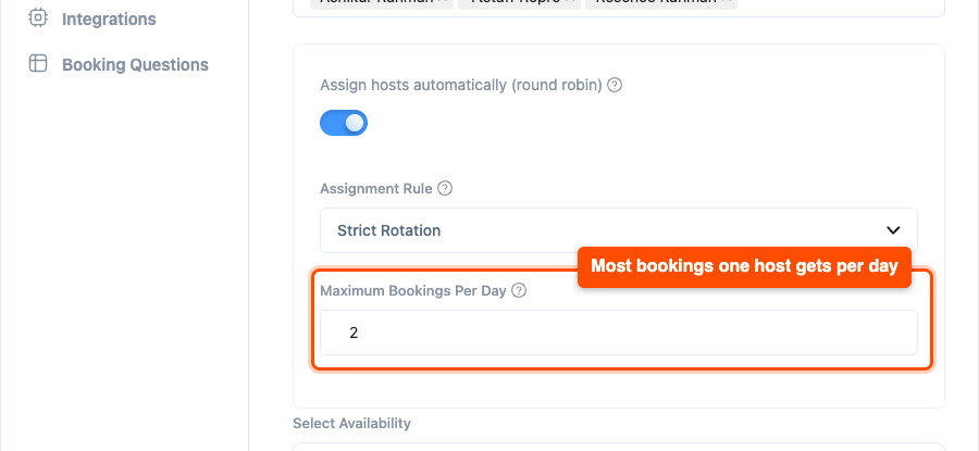 Round robin set to Strict Rotation with Maximum Bookings Per Day set to 2