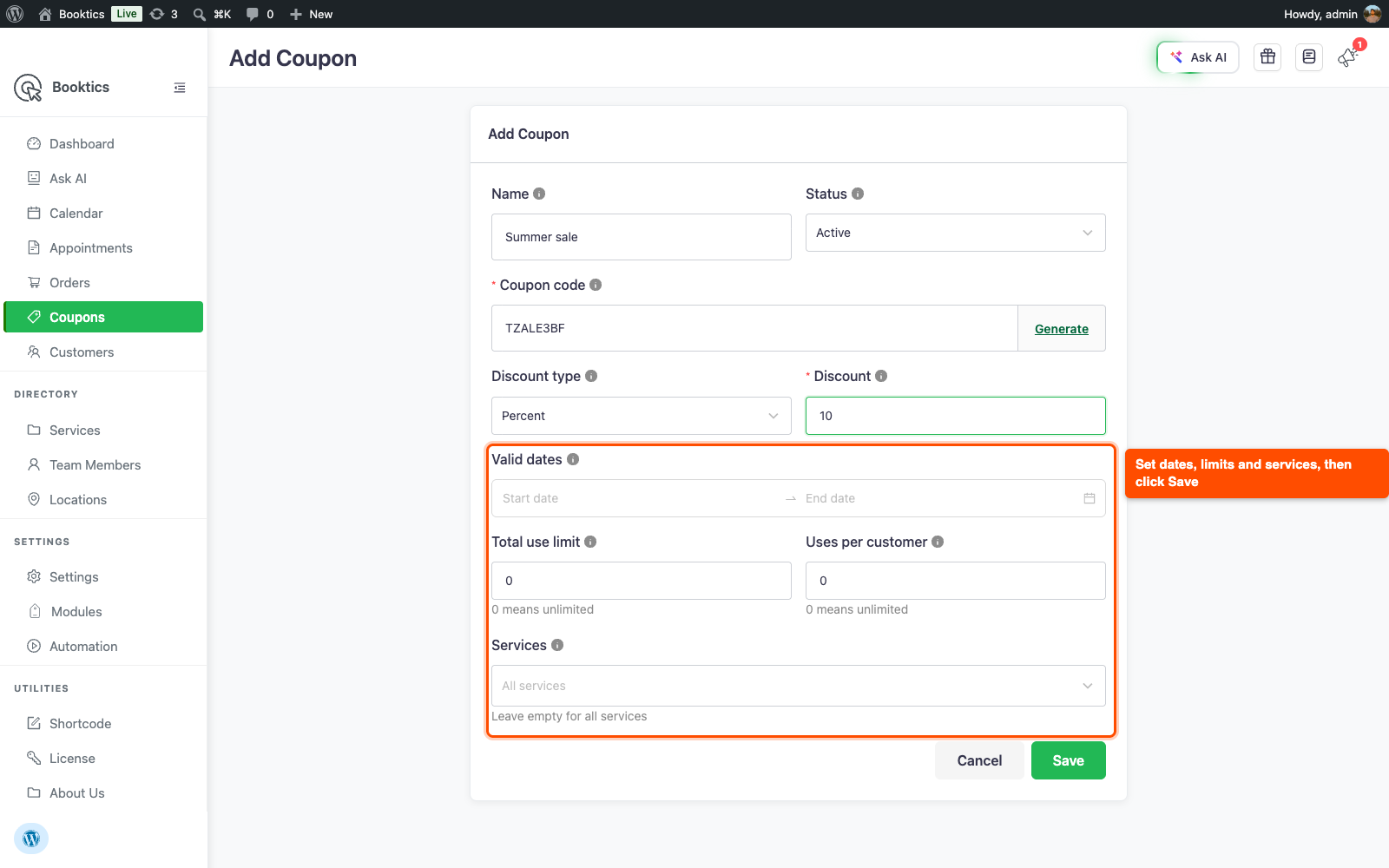 Add Coupon form with Valid dates, Total use limit, Uses per customer, and Services fields