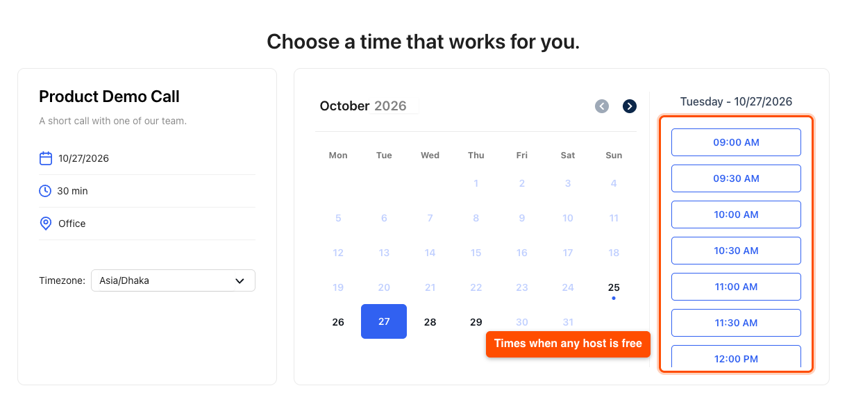 Booking page of a round robin meeting with no organizer picker and the open time slots