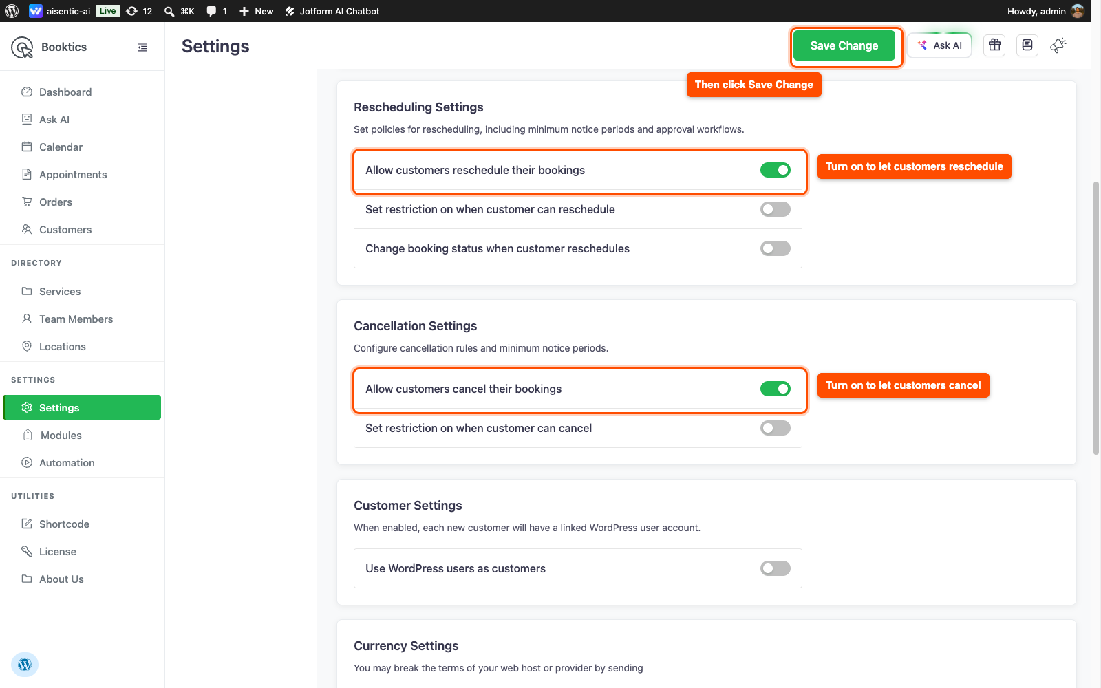 Booktics General settings with customer rescheduling and cancelling switched on