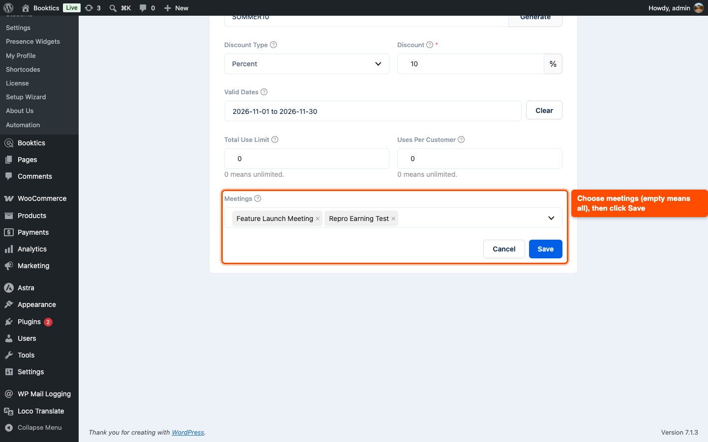 Meetings field and the Save button on the Add Coupon form