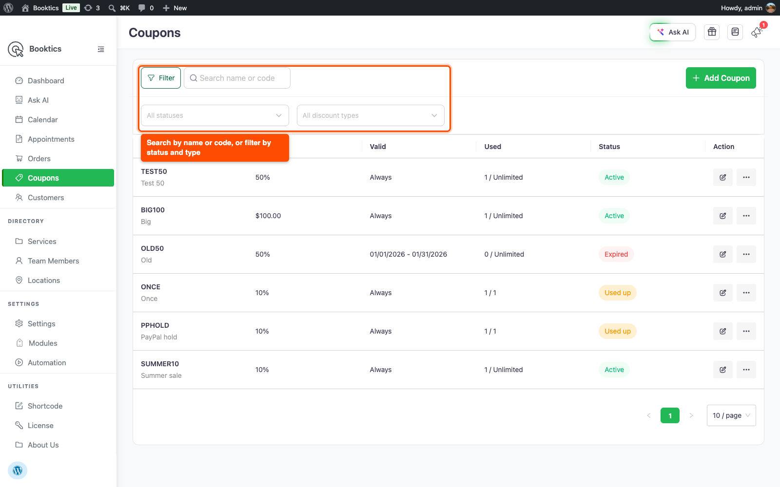 Coupons list with the search field and the status and discount type filters open