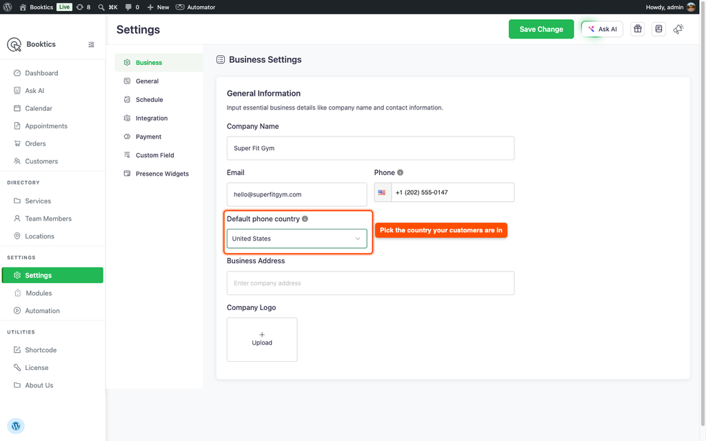 Booktics Settings Business tab with the Default phone country dropdown