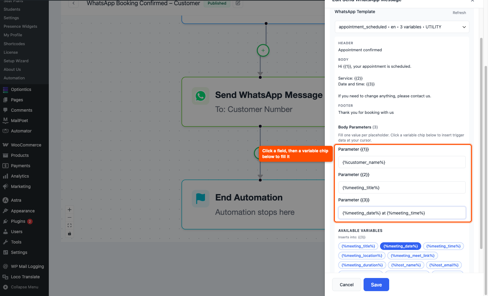 WhatsApp template body parameters filled with customer_name, meeting_title, meeting_date and meeting_time variables