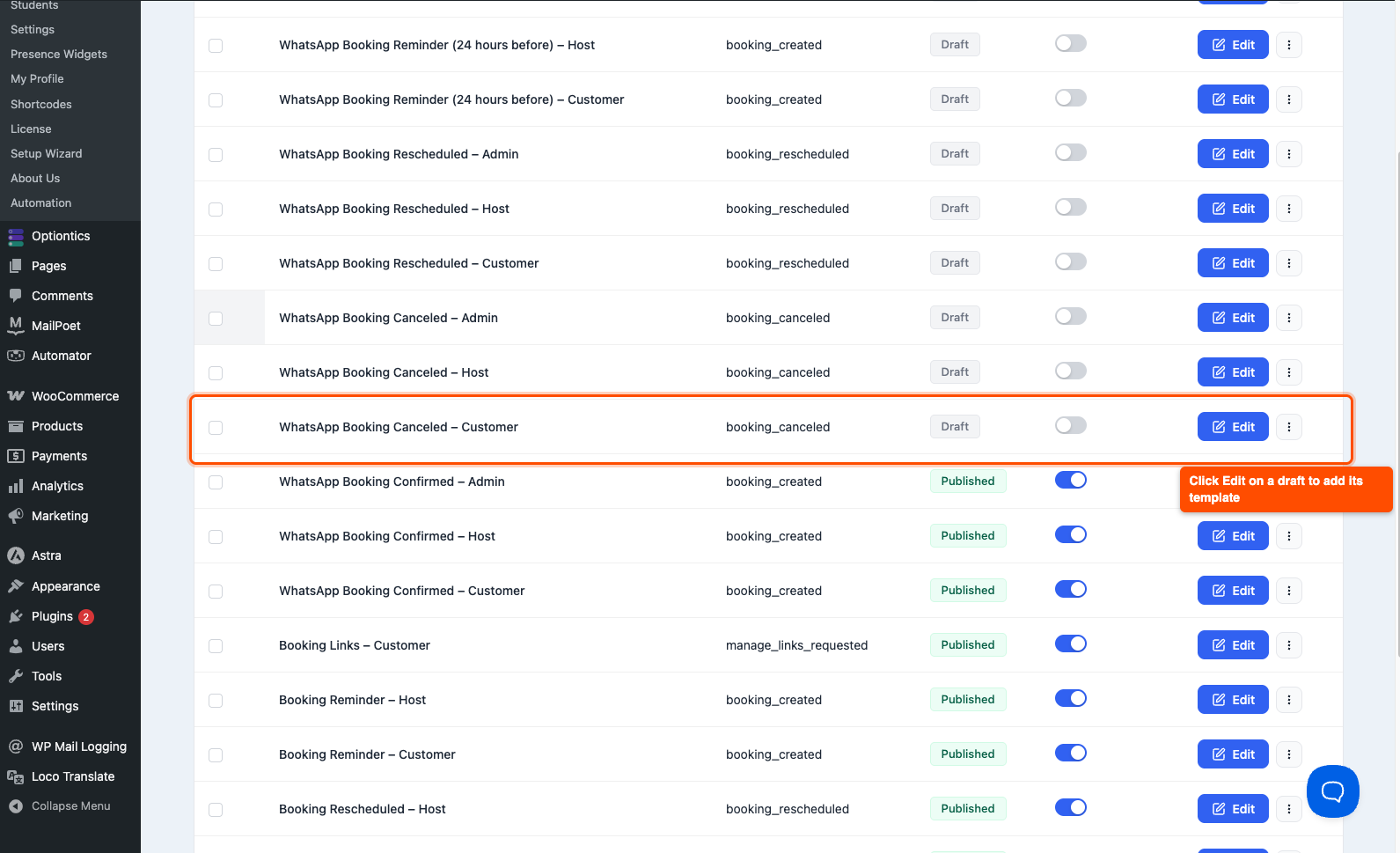 Timetics Automation list with WhatsApp draft flows and the Edit button on a draft