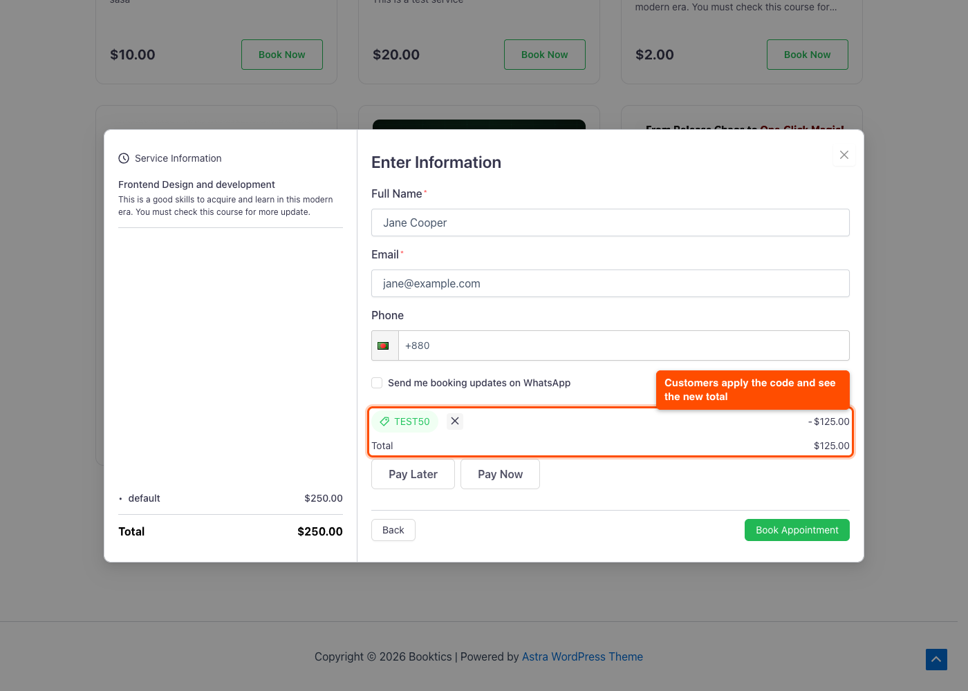 Booking form customer details step with the coupon TEST50 applied, showing the discount and new total