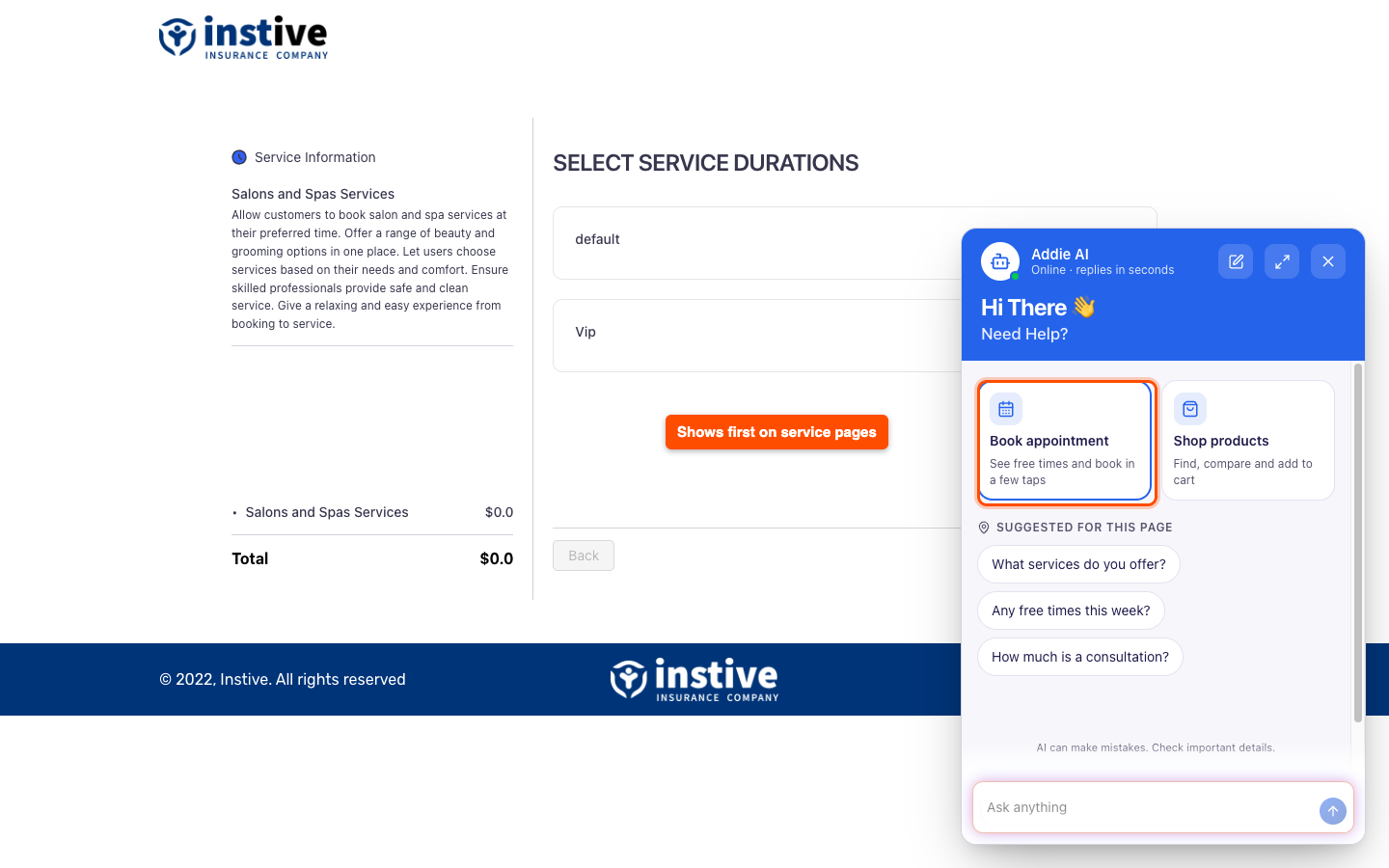 Chat welcome screen on a Booktics service page with the Book appointment topic