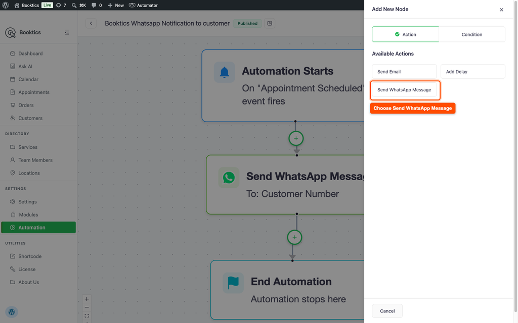 Automation builder Add New Node panel with the Send WhatsApp Message action