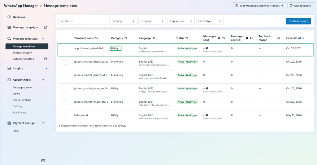 Meta Whatsapp Manager > Manage templates