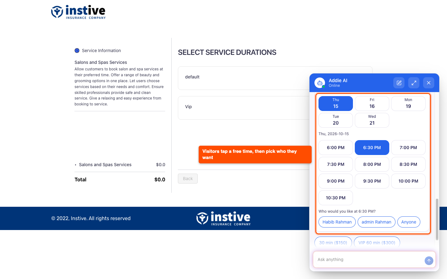 Chat free times card with 6:30 PM picked and the staff question