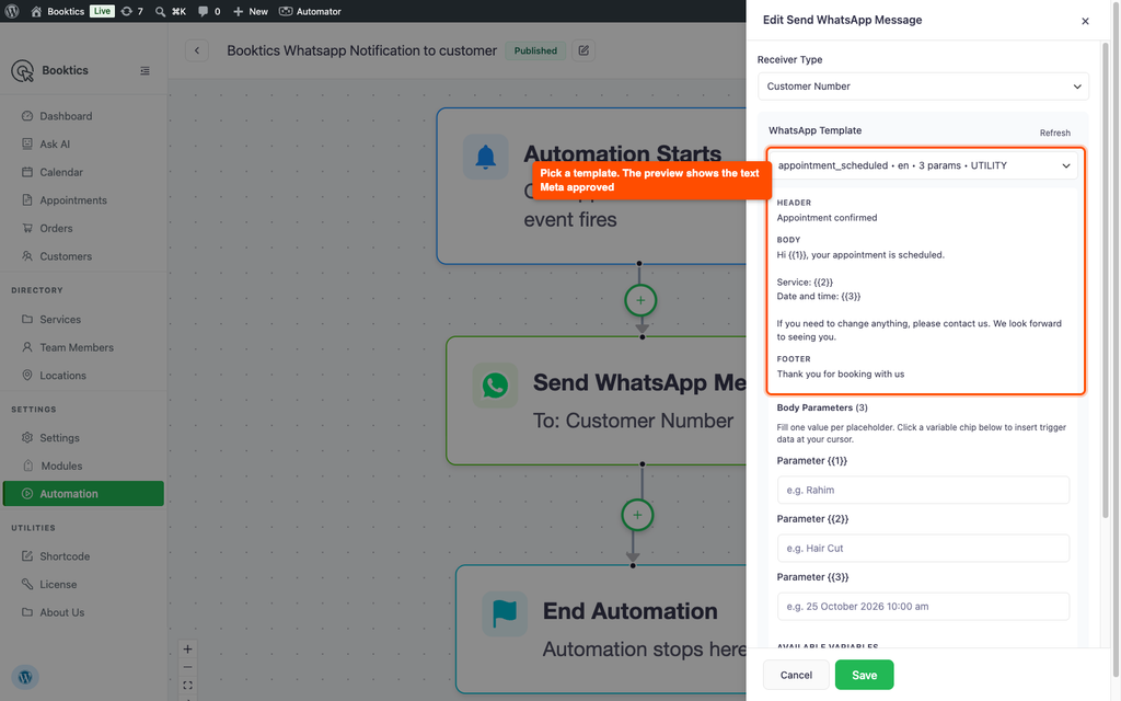 WhatsApp action sidebar with the appointment_scheduled template selected and its preview