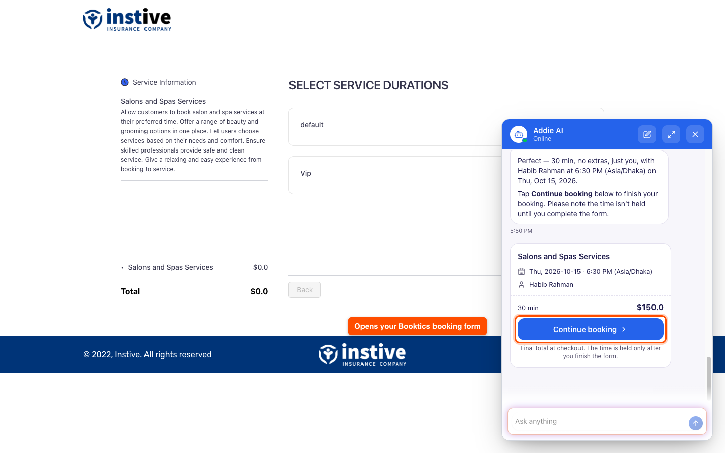 Chat booking card with the service, date, staff, price and the Continue booking button