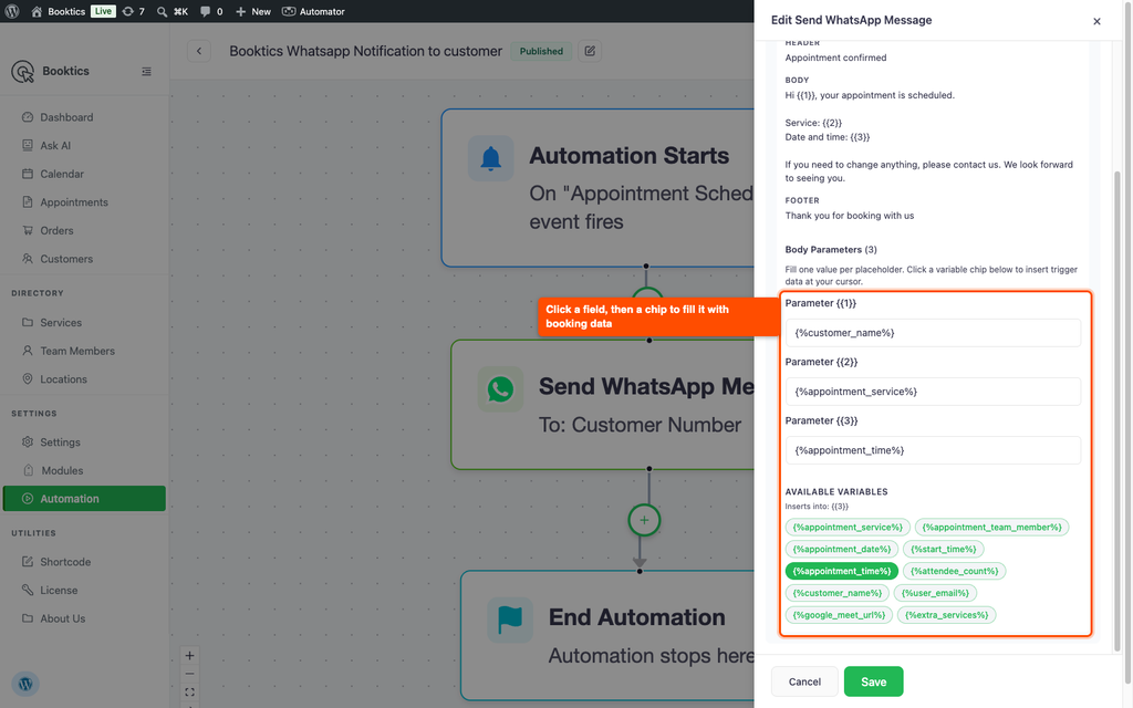 Template parameters filled with customer_name, appointment_service and appointment_time variable chips