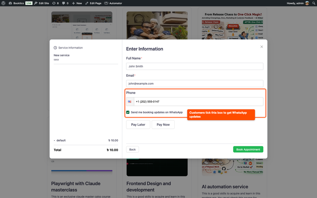 Booking form customer step with the Phone field and the Send me booking updates on WhatsApp checkbox ticked