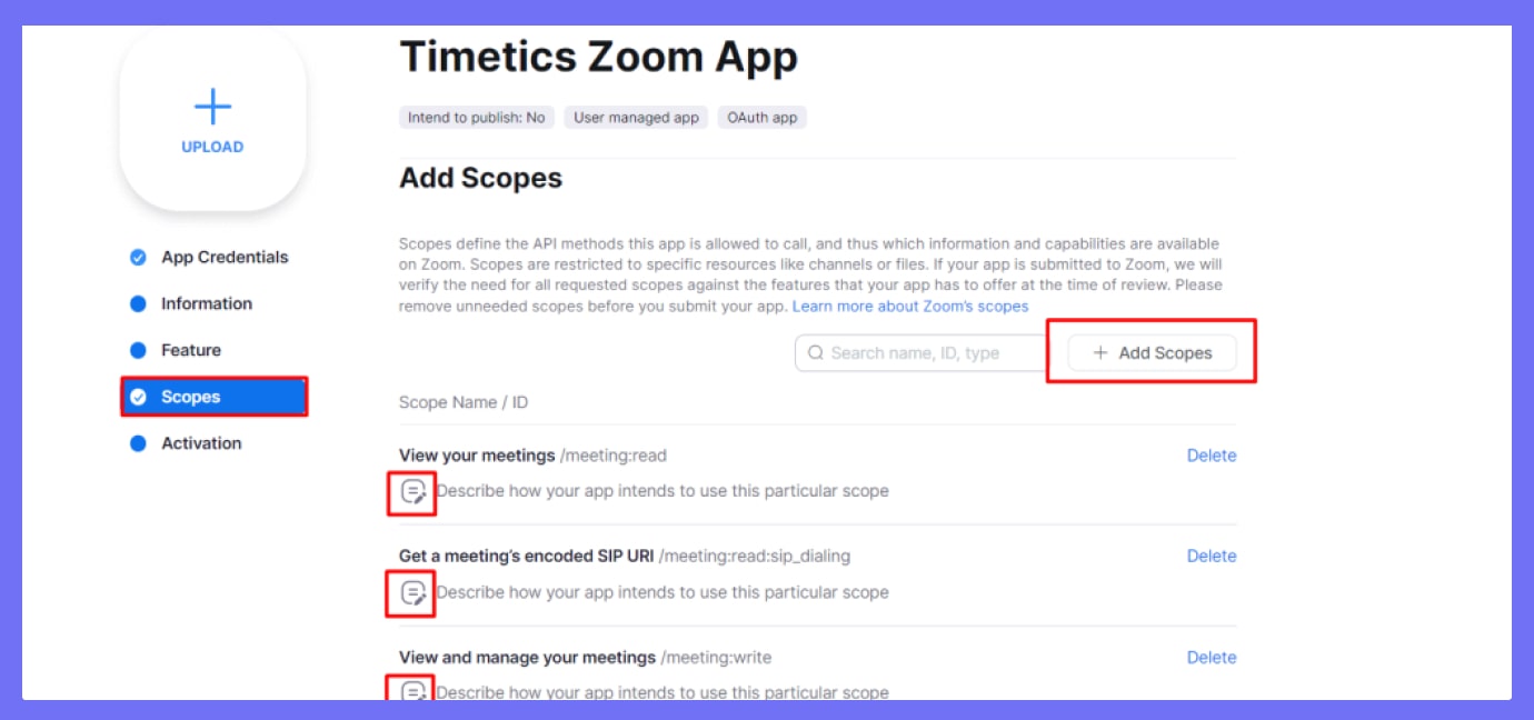 Showing Add Scopes Option on Timetics Zoom App