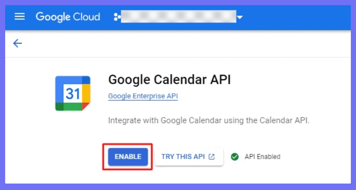 Showing enable button on Google Calendar API