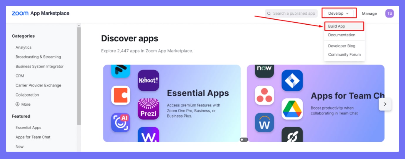 Showing Build App option on Zoom App Marketplace