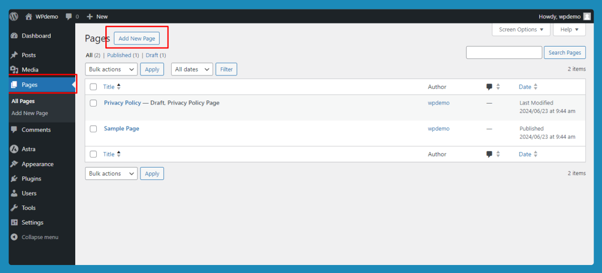 create wordpress page and posts