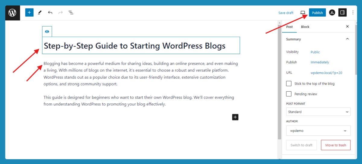 wordpress gutenberg block editor for blog draft