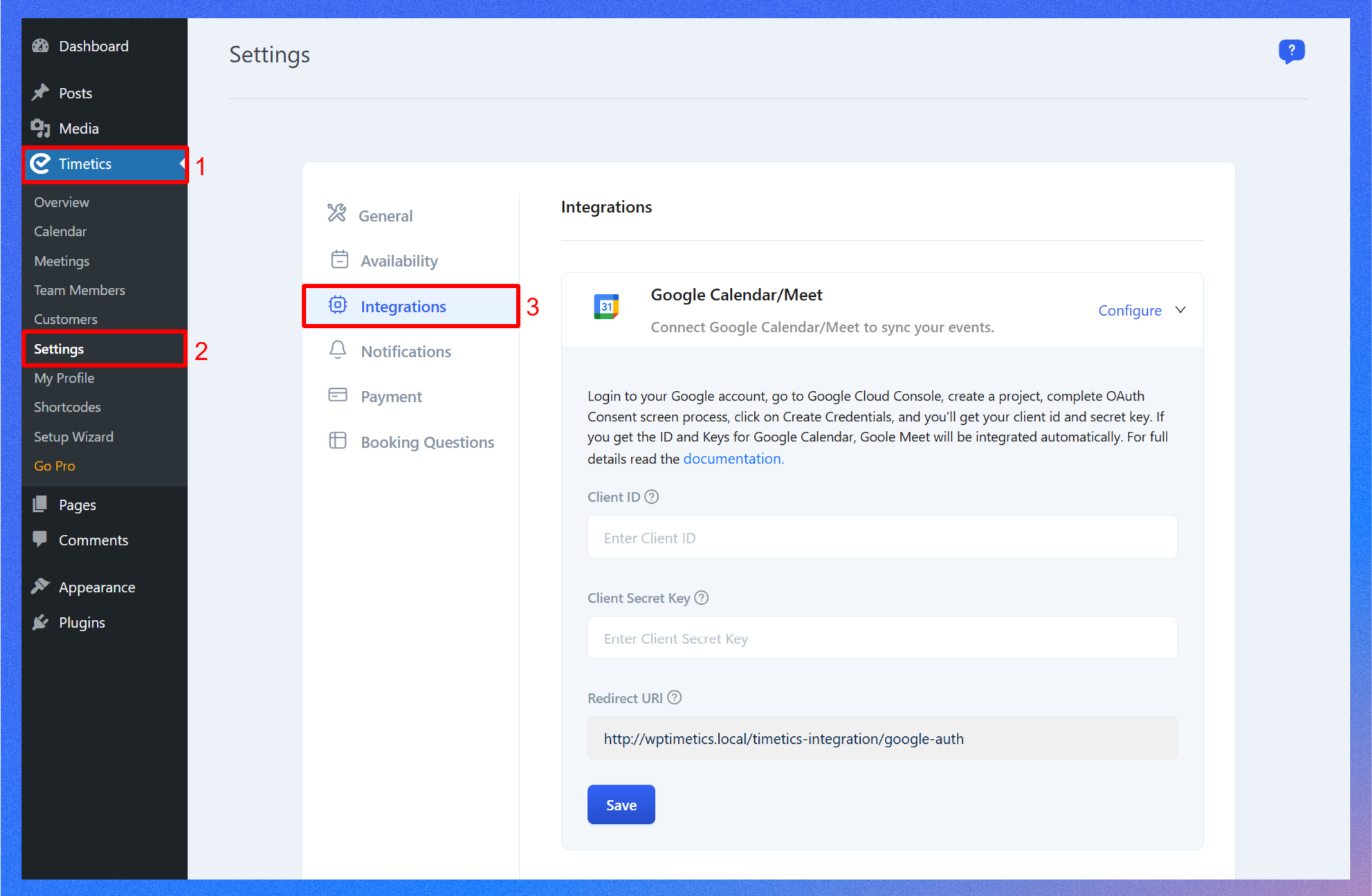 WP Timetics Google Calander interation