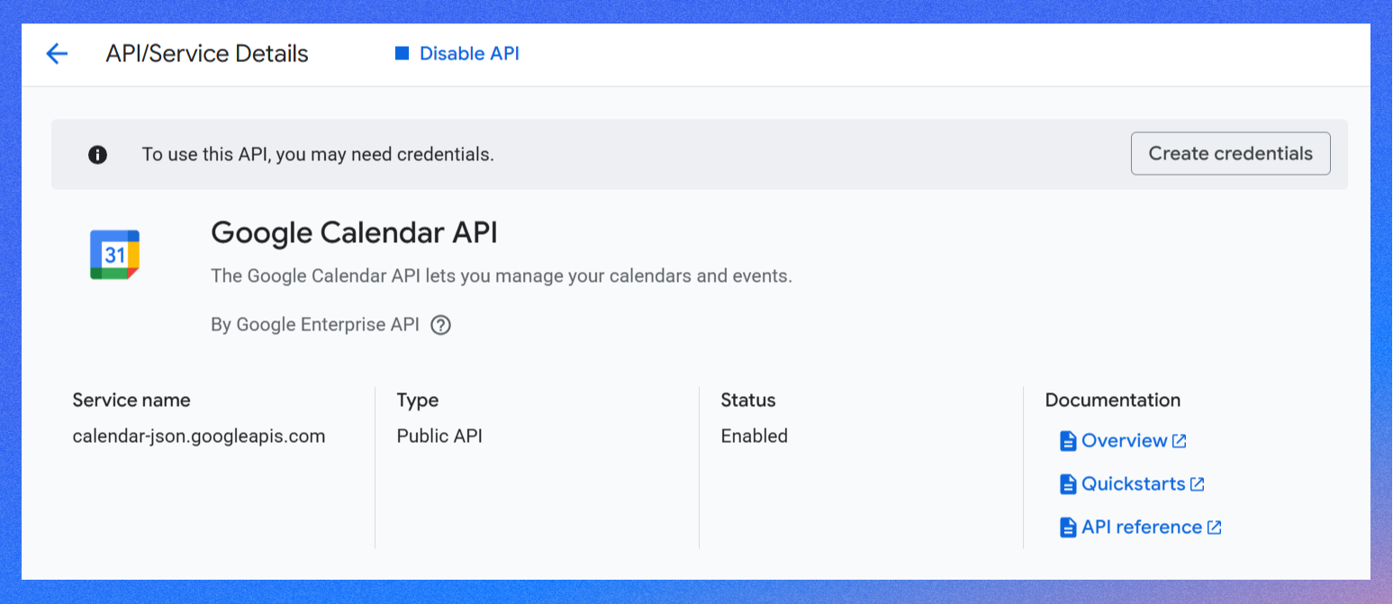 API/Service Details page