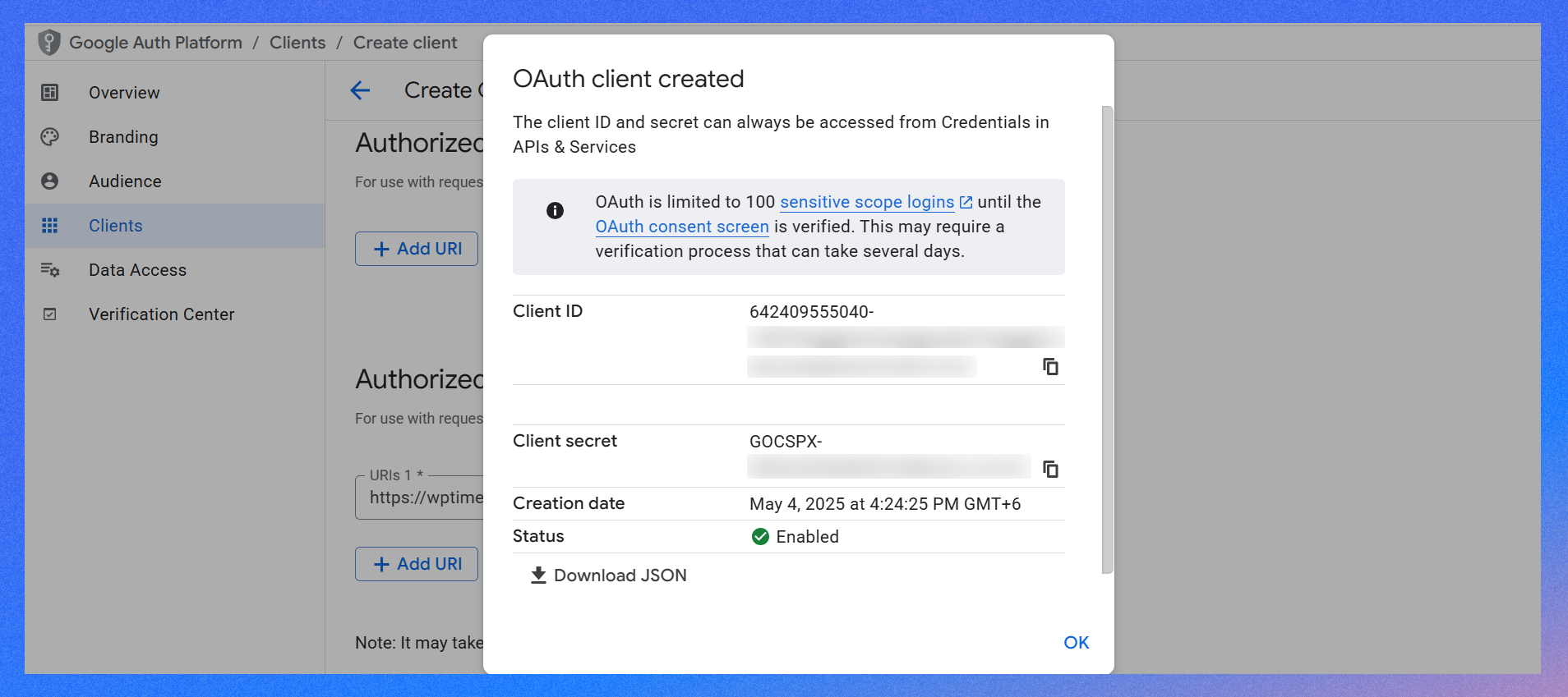 OAuth Client ID and Client secret code