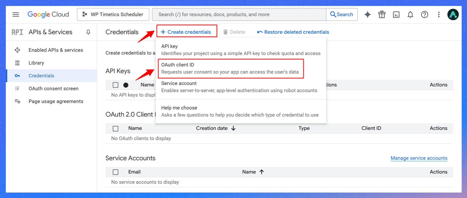 Create credentials link and choose OAuth client ID