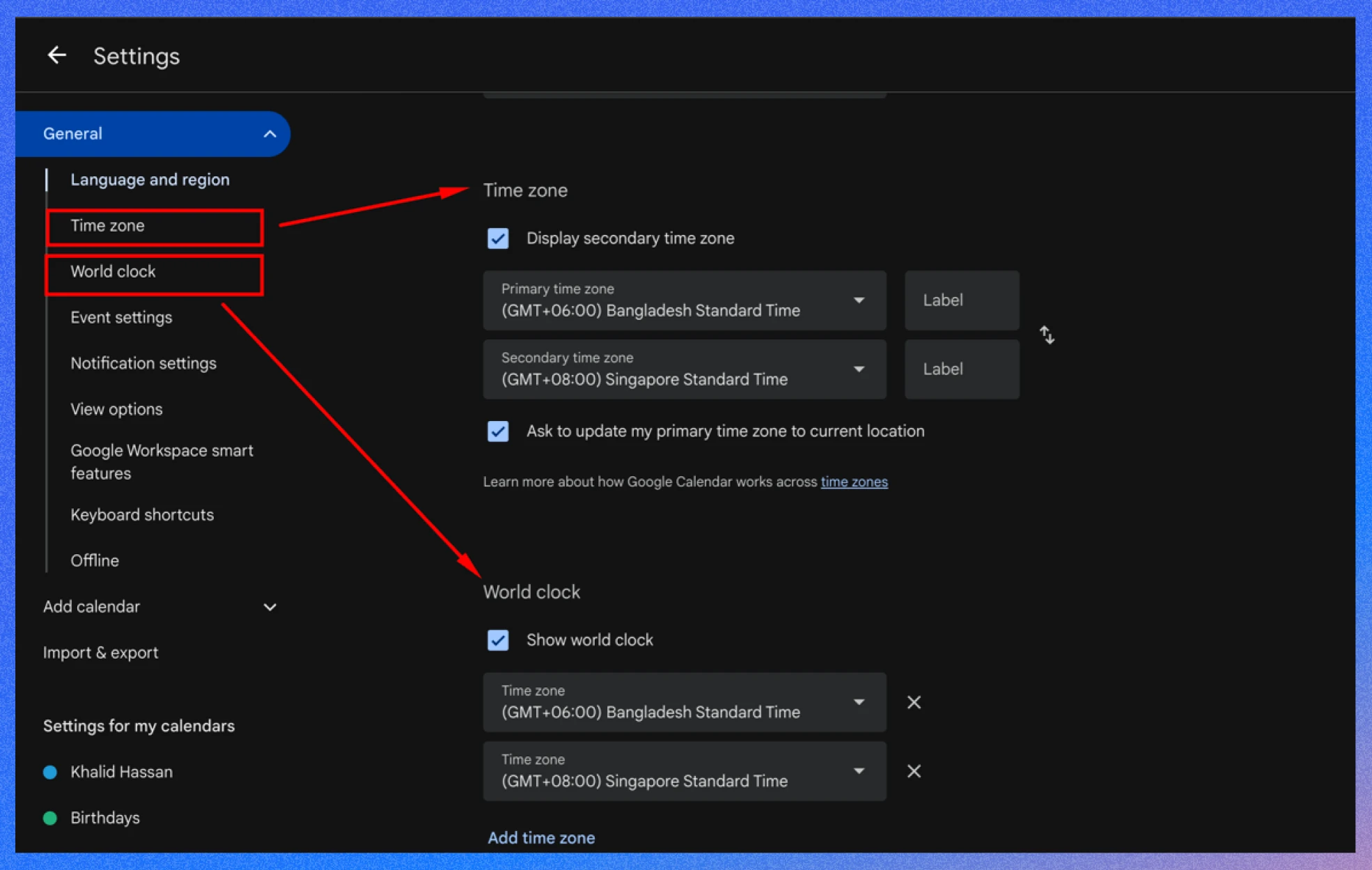 Tip 2: Add a secondary time zone & world clock for easier global scheduling