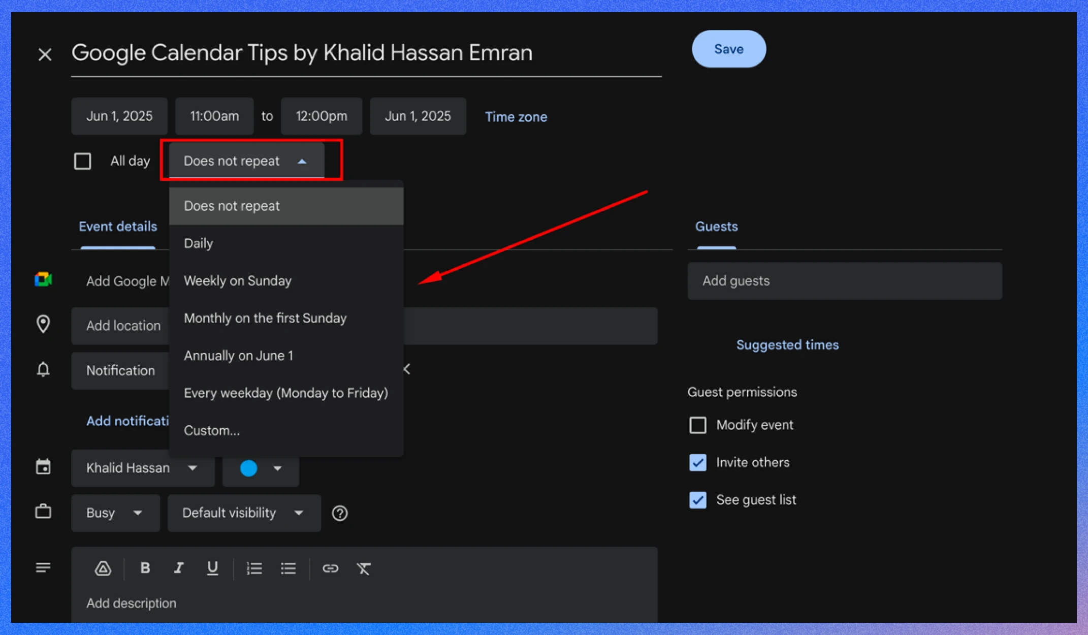 Tip 7: Efficiently set up recurring events for saving time